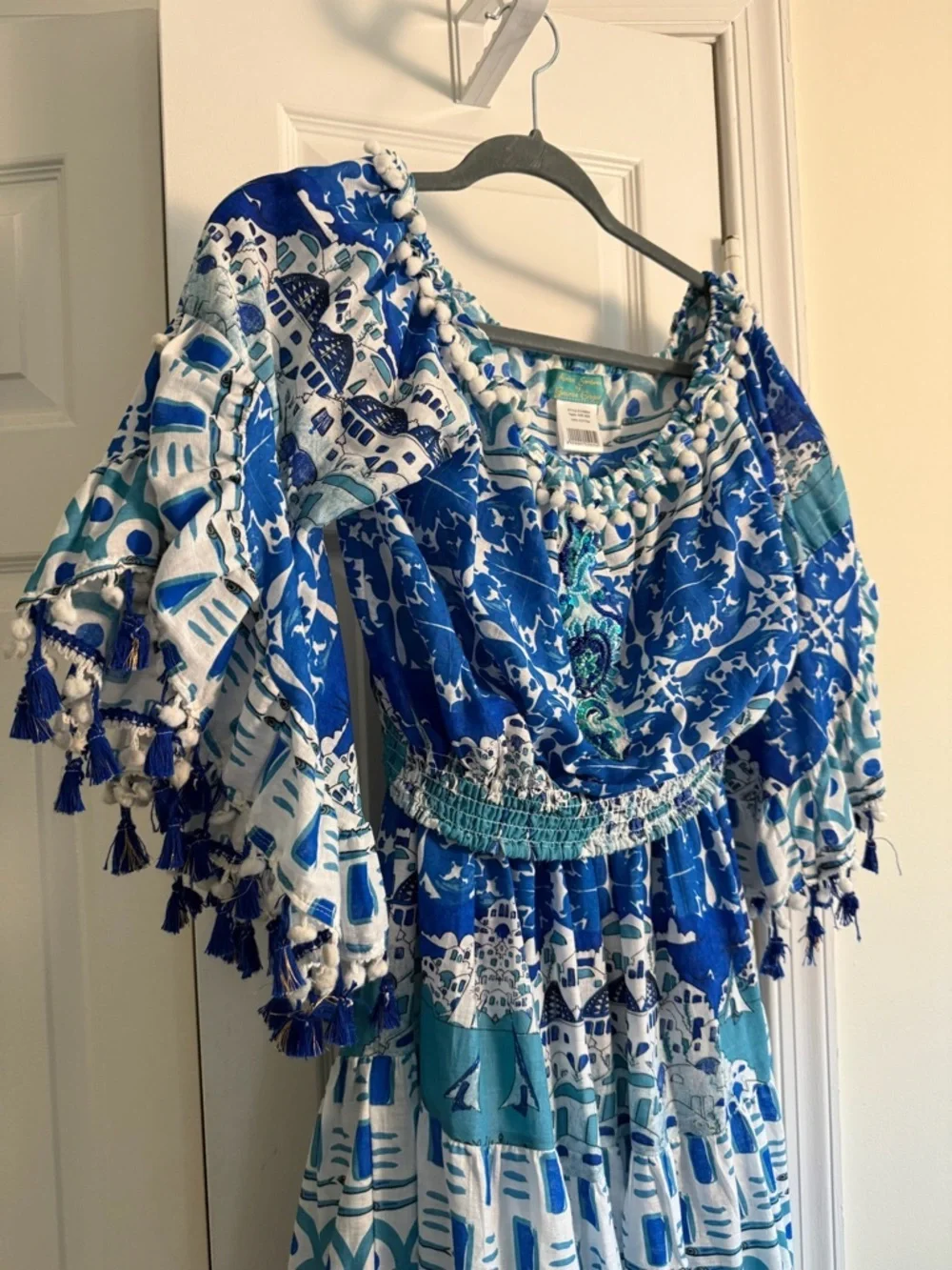 Antica Sartoria Positano Italy 2pc Top Skirt Set Blue Tassel Pom Pom OS